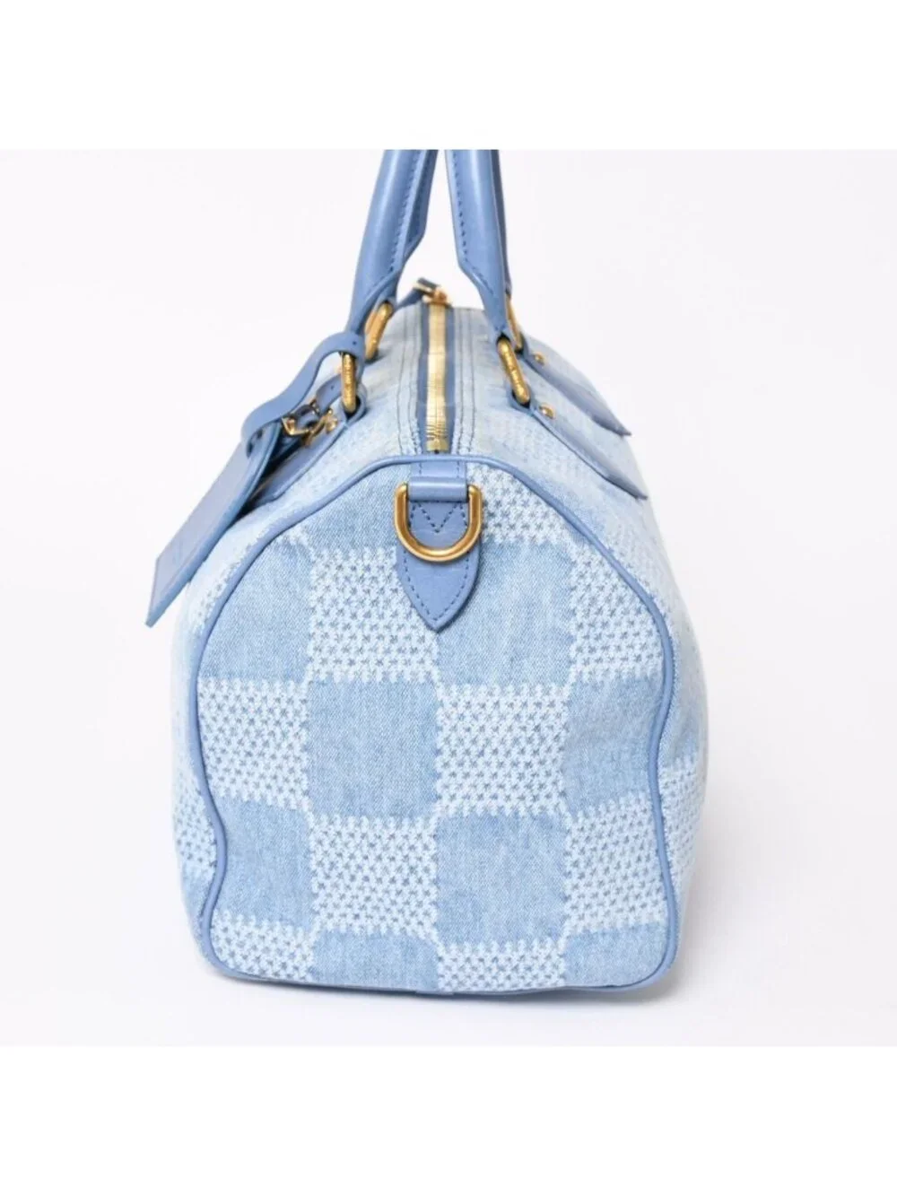 Louis Vuitton Speedy Bandouliere 30 Handbag Damier Denim 3D Cotton Blue Gold